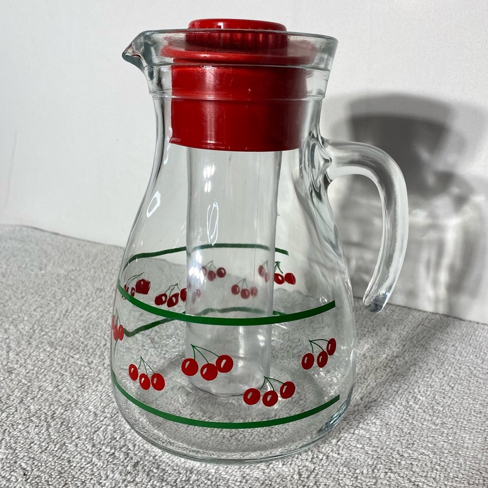 Vintage Cerve Cherry Glass Pitcher with Red Lid & Plastic Ice Chiller Insert